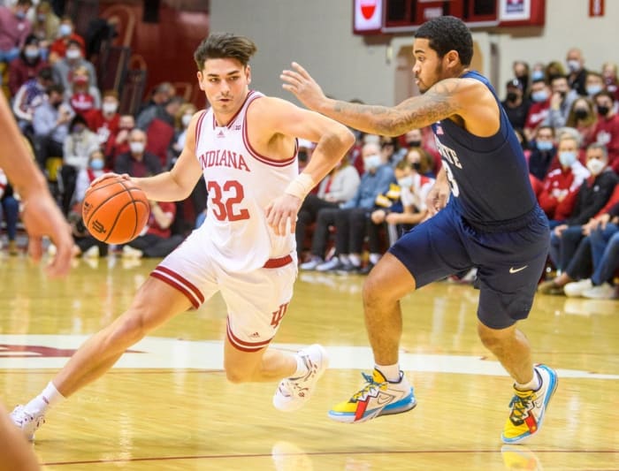 Indiana's Trey Galloway (32) drives on Penn State's Sam Sessoms (3) during the first half of the Indiana versus Penn State men's basketball game at Simon Skjodt Assembly Hall.